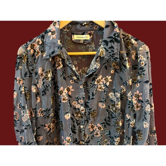Paparazzi Floral Burn Out Velvet Blouse Button Down Boho Romantic Festival Sz L - Picture 2 of 6
